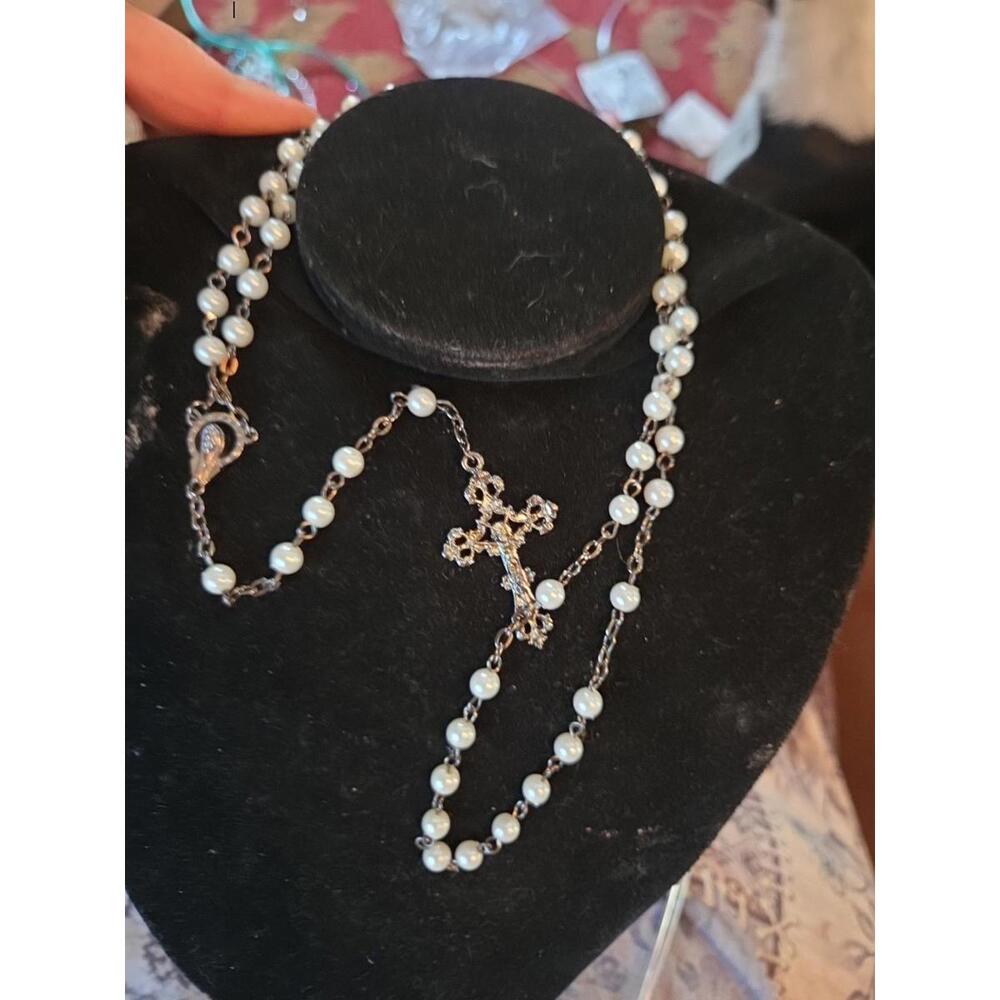 Catholic Rosary White Faux Pearl Prayer Silver Cross Rosary / Religious Rosary